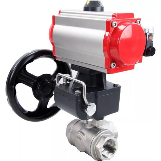 Ball valves DNOVA BV3232P(4pc)-SP-3WL-T-ISO-H,  body material - Stainless steel AISI 316, seal - PTFE / PTFE / Teflon, with pneumatic actuator double action PA-DA, 4V320-10 220V, handwheel MON