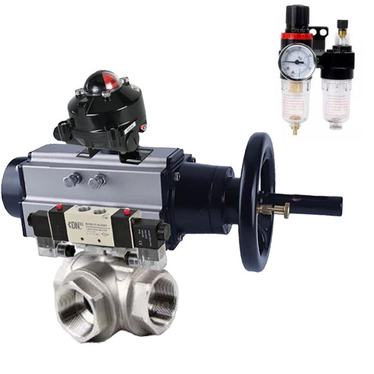 Ball valves DNOVA BV3232P(4pc)-SP-3WL-T-ISO-H,  body material - Stainless steel AISI 316, seal - PTFE / PTFE / Teflon, with pneumatic actuator double action PA-DA-105-1, 4V320-08 220V, LSU APL-210N, ATU AFC2000