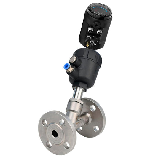 Pneumatic shut-off valves DNOVA VSP324PV-F-1PNC, body - stainless steel SS316, flanged, Y-shaped, with electropneumatic intelligent positioner EIP-1500 (stroke 5-25mm)