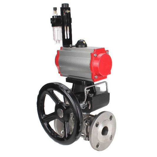 Ball valves DNOVA BV3131P(3pc)-FP-F-ISO-H,  body material - Stainless steel AISI 304, seal - PTFE / PTFE / Teflon, with pneumatic actuator double action PA-DA, 4V320-10 220V, handwheel MON, ATU AFC2000