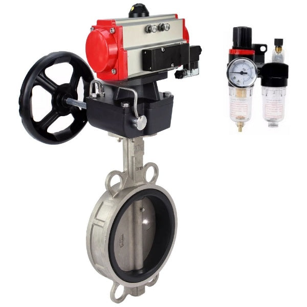 Butterfly valve DNOVA WBV3232N-2W-Fb-H, body material - stainless steel AISI 316L, disk material - stainless steel AISI 316L, seal - NBR, with pneumatic actuator double action PA-DA, 4V320-08 220V, handwheel MON, ATU AFC2000