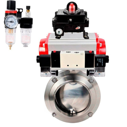 Válvulas de mariposa de agua DNOVA WBV3131S-2W-WH, material del cuerpo - acero inoxidable AISI 304, sello - Silicona, con actuador neumático PA-SA, distribuidor neumático 4V320-10 220V, LSU APL-410N EX, ATU AFC2000