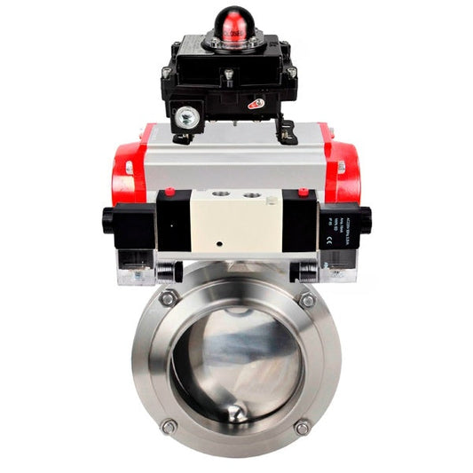 صمامات فراشة المياه DNOVA WBV3131S-2W-WH، مادة الهيكل - الفولاذ المقاوم للصدأ AISI 304، الختم - السيليكون، مع مشغل هوائي PA-DA-052 مزدوج الفعل، 4V320-08 220 فولت، LSU APL-410N EX