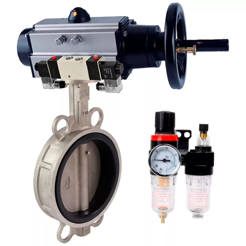 Water Butterfly Valve DNOVA WBV3131P-2W-Fb-H, wafer, body - stainless steel 304, disk - stainless steel 304, seal - PTFE, with pneumatic drive PA-DA-105-1, with pneumatic distributor 4V320-10 220V, BPV AFC2000