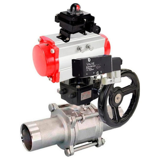 Ball valves DNOVA BV3232P(3pc)-FP-W-ISO-H LONG,  body material - Stainless steel AISI 316, seal - PTFE / PTFE / Teflon, with pneumatic actuator double action PA-DA, 4V320-08 220V, LSU APL-410N Ex, handwheel MON