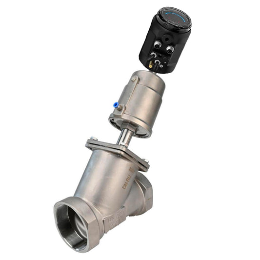 Pneumatic shut-off valves DNOVA VSP3232PV-T-1PNC, body - stainless steel SS316, threaded, Y-shaped, with electropneumatic intelligent positioner EIP-1500 (stroke 5-25 mm)