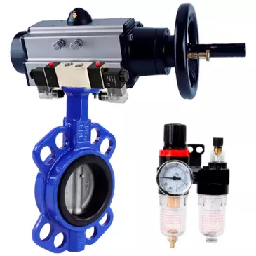 Water Butterfly Valve for abrasive media DNOVA WBV1632E-2W-Fb-H, wafer, body - cast iron QT450, disk - stainless steel 316L, seal - EPDM, with pneumatic drive PA-DA-105-1, with pneumatic distributor 4V320-08 220V , BPV AFC2000