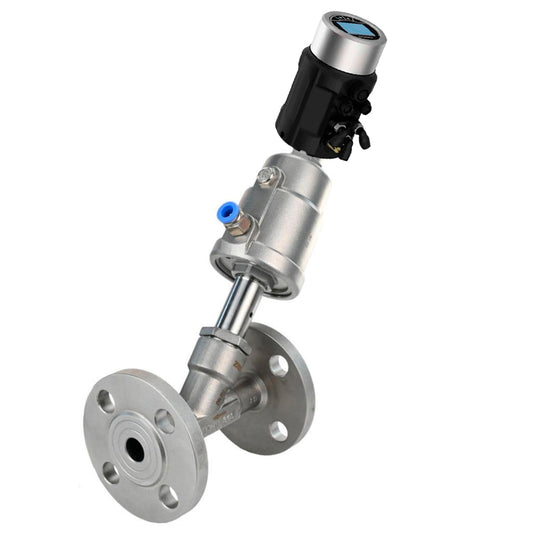 Pneumatic shut-off valves DNOVA VSP3232PV-F-1PNC, body - stainless steel SS316, flanged, Y-shaped, with electropneumatic intelligent positioner EIP-1600 (stroke 5-25mm)