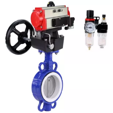 Water Butterfly Valve DNOVA WBV3432P-2W-Fb-H, body - carbon steel WCB, seal - PTFE, with pneumatic actuator PA-DA, with pneumatic distributor 4V320-08 220V, manual override MON, BPV AFC2000