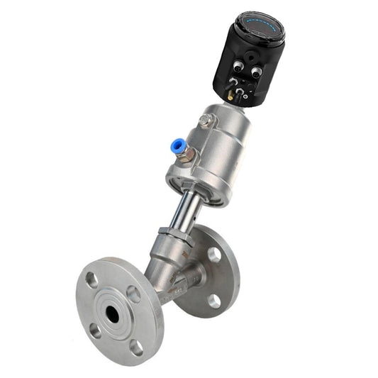 Pneumatic shut-off valves DNOVA VSP3232PV-F-1PNC, body - stainless steel SS316, flanged, Y-shaped, with electropneumatic intelligent positioner EIP-1500 (stroke 5-25mm)