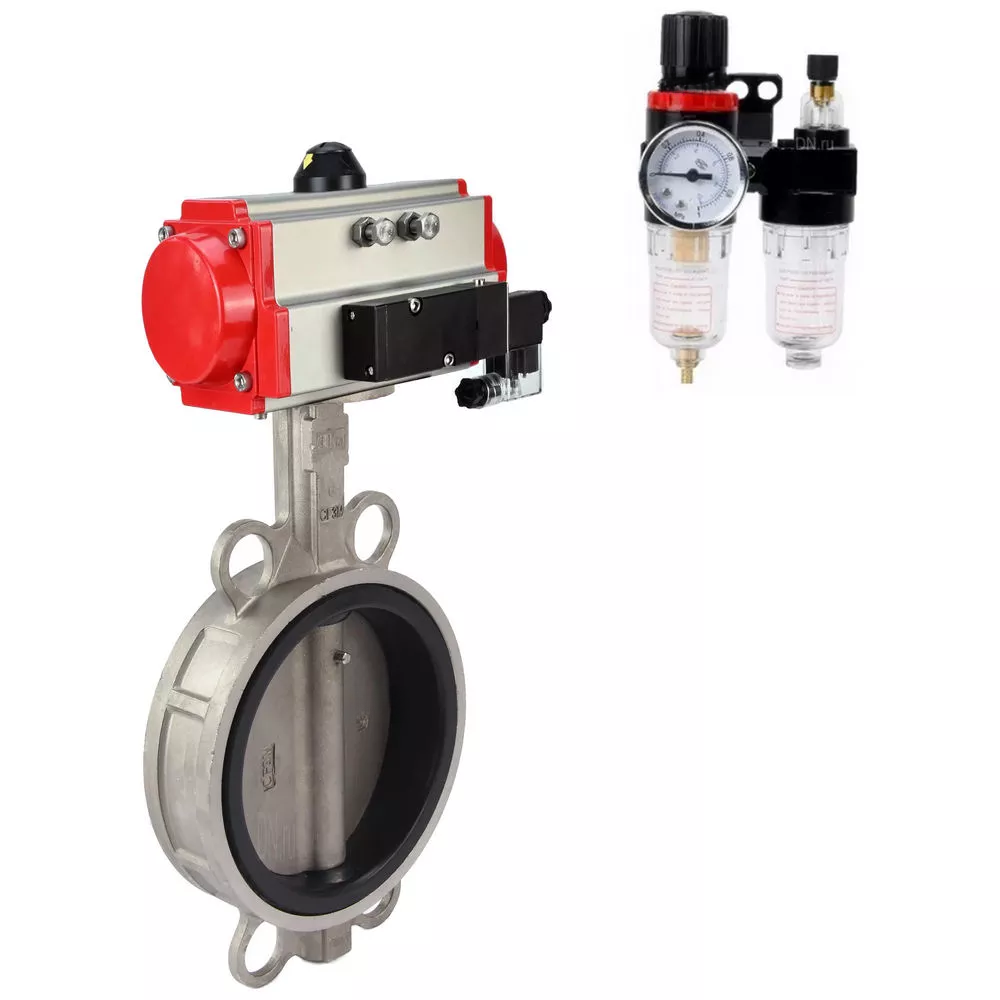 Water Butterfly Valve DNOVA WBV3232V-2W-Fb-H, body - stainless steel 316L, disk - stainless steel 316L, seal - VITON, with pneumatic drive PA-SA, with pneumatic distributor 4V320-08 220V, BPV AFC2000