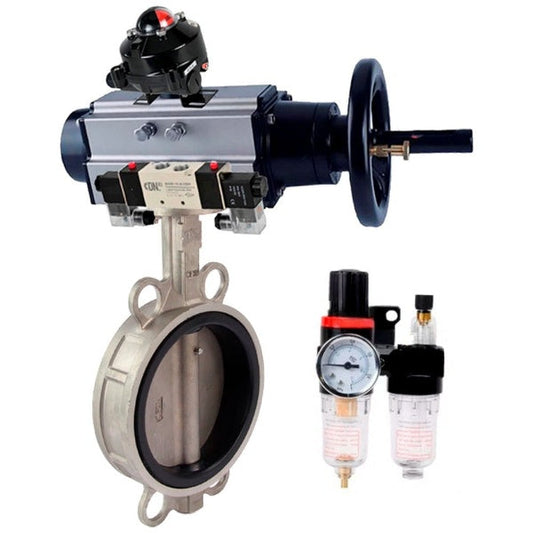 Válvula de mariposa DNOVA WBV3232E-2W-Fb-H, material del cuerpo: acero inoxidable AISI 316L, material del disco: acero inoxidable AISI 316L, junta: EPDM, con actuador neumático de doble acción PA-DA-105-1, 4V320-10 220V, LSU APL-410N Ex, ATU AFC2000