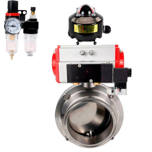 Válvulas de mariposa de agua DNOVA WBV3131S-2W-WH, material del cuerpo - acero inoxidable AISI 304, sello - Silicona, con actuador neumático PA-SA, distribuidor neumático 4M310-08 24V, LSU APL-510N EX, ATU AFC2000
