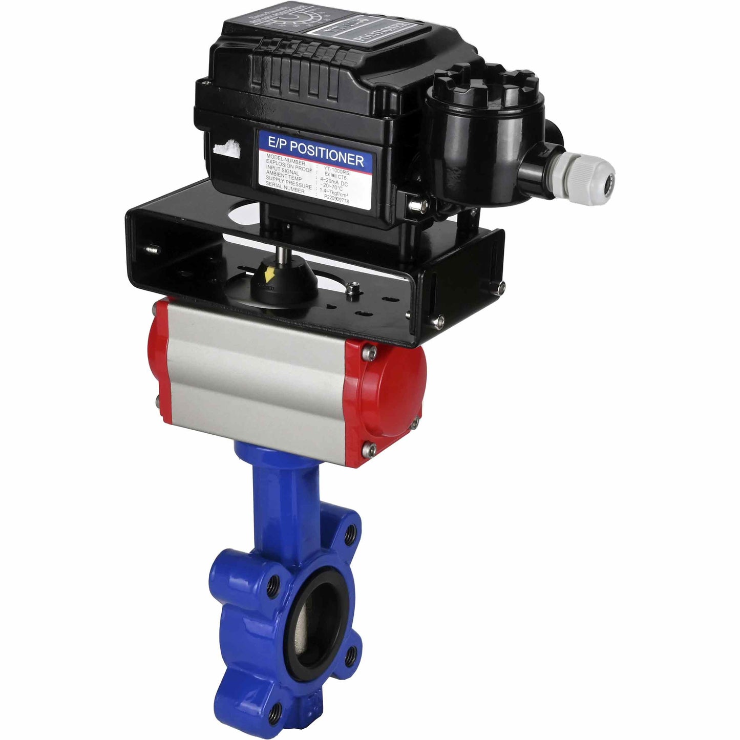 صمام فراشة الماء DNOVA WBV1631E-2W-Fb-H، مادة الهيكل - حديد زهر QT450، مادة القرص - فولاذ مقاوم للصدأ AISI 304، الختم - EPDM، مشغل هوائي PA-SA مع نوابض رجوع، موضع YT-1000RSN بدون تغذية راجعة