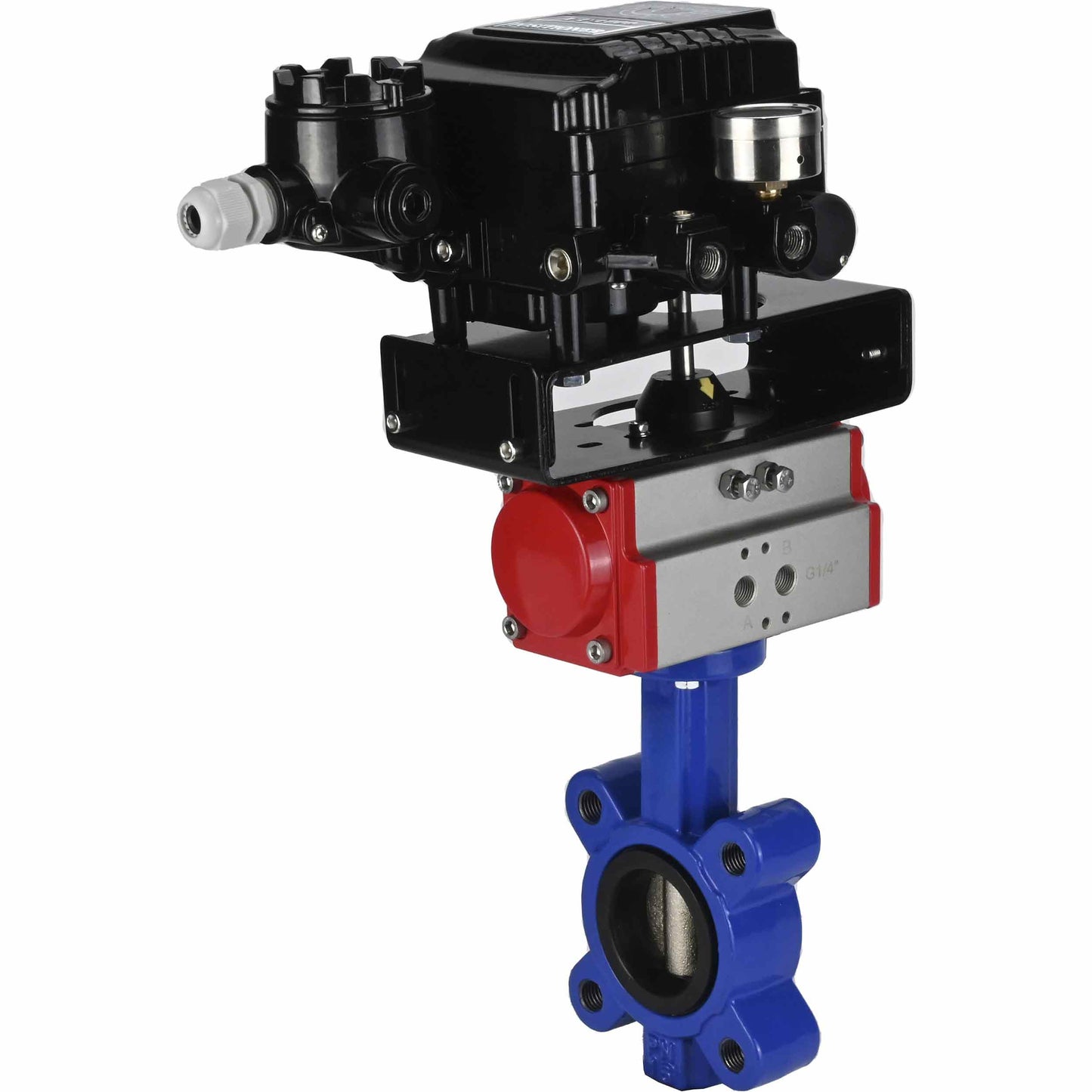 صمام فراشة الماء DNOVA WBV1631E-2W-Fb-H، مادة الهيكل - حديد زهر QT450، مادة القرص - فولاذ مقاوم للصدأ AISI 304، الختم - EPDM، مشغل هوائي PA-SA مع نوابض رجوع، موضع YT-1000RSN بدون تغذية راجعة