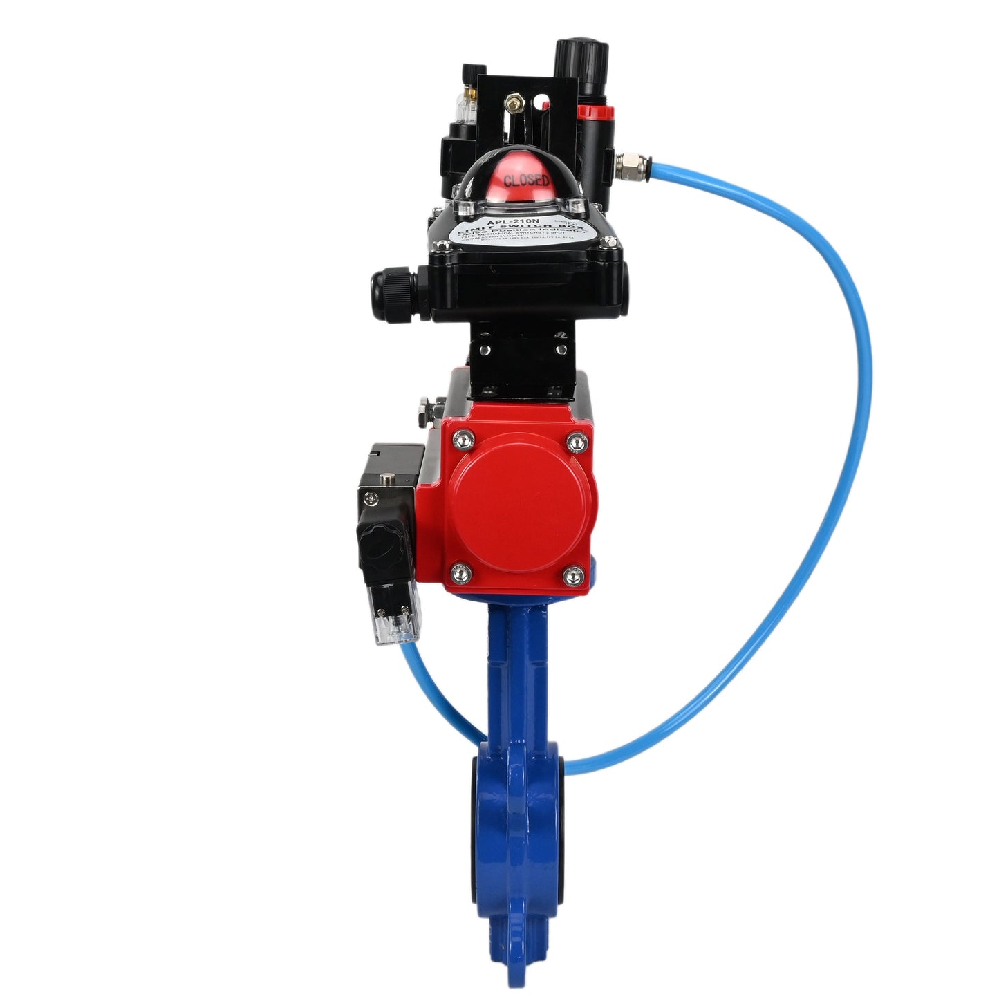 Water Butterfly Valve DNOVA WBV1413E-2W-Fb-H, body material - cast iron GGG50, disk material - cast iron GGG40, seal - EPDM, with pneumatic actuator with return springs PA-SA, 4V320-08 220V, LSU APL-210N, ATU AFC2000
