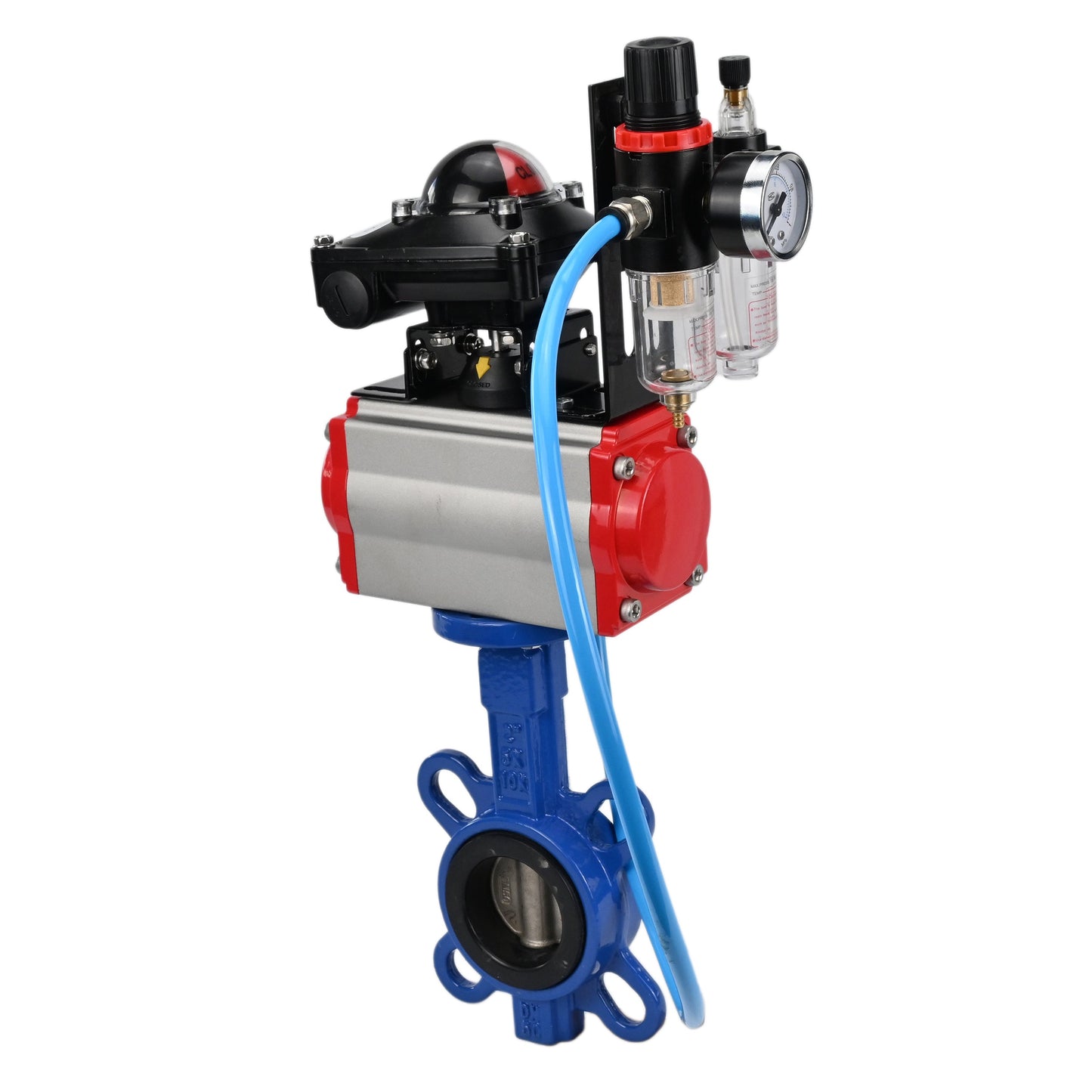 Water Butterfly Valve DNOVA WBV1413E-2W-Fb-H, body material - cast iron GGG50, disk material - cast iron GGG40, seal - EPDM, with pneumatic actuator with return springs PA-SA, 4V320-08 220V, LSU APL-210N, ATU AFC2000