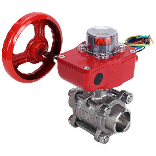 Válvula de bola de acero inoxidable DNOVA BVPP 316.200-ISO 914 PSI para soldar, paso completo, material del cuerpo - acero inoxidable AISI 316, con brida ISO y reductor DNOVA GBBF con indicador de posición y sensor de retroalimentación