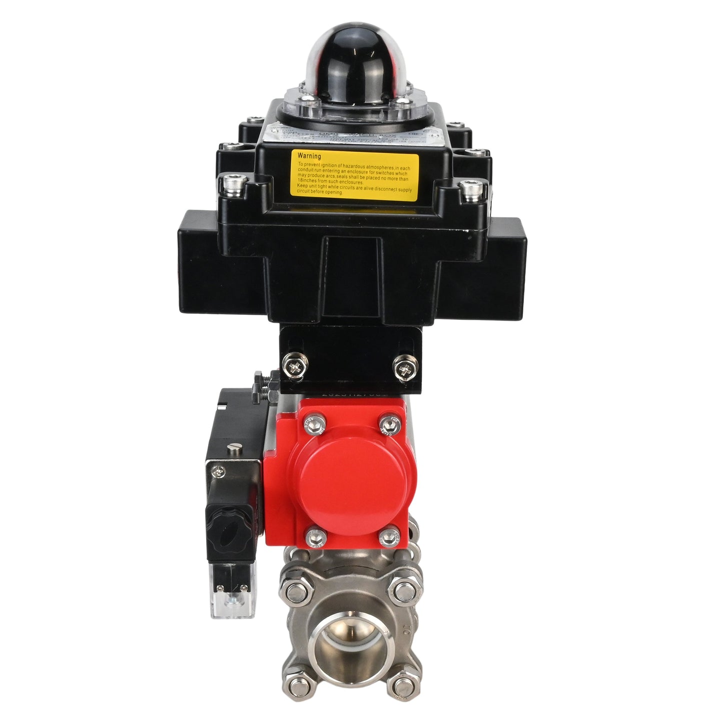 Stainless steel ball valve DNOVA BVPP 316.200-ISO PSI914 SS316 full port, for welding, body material - stainless steel, pneumatic actuator DNOVA DA, pneumatic distributor 4M310-08 220 V, limit switch block APL-410N EX