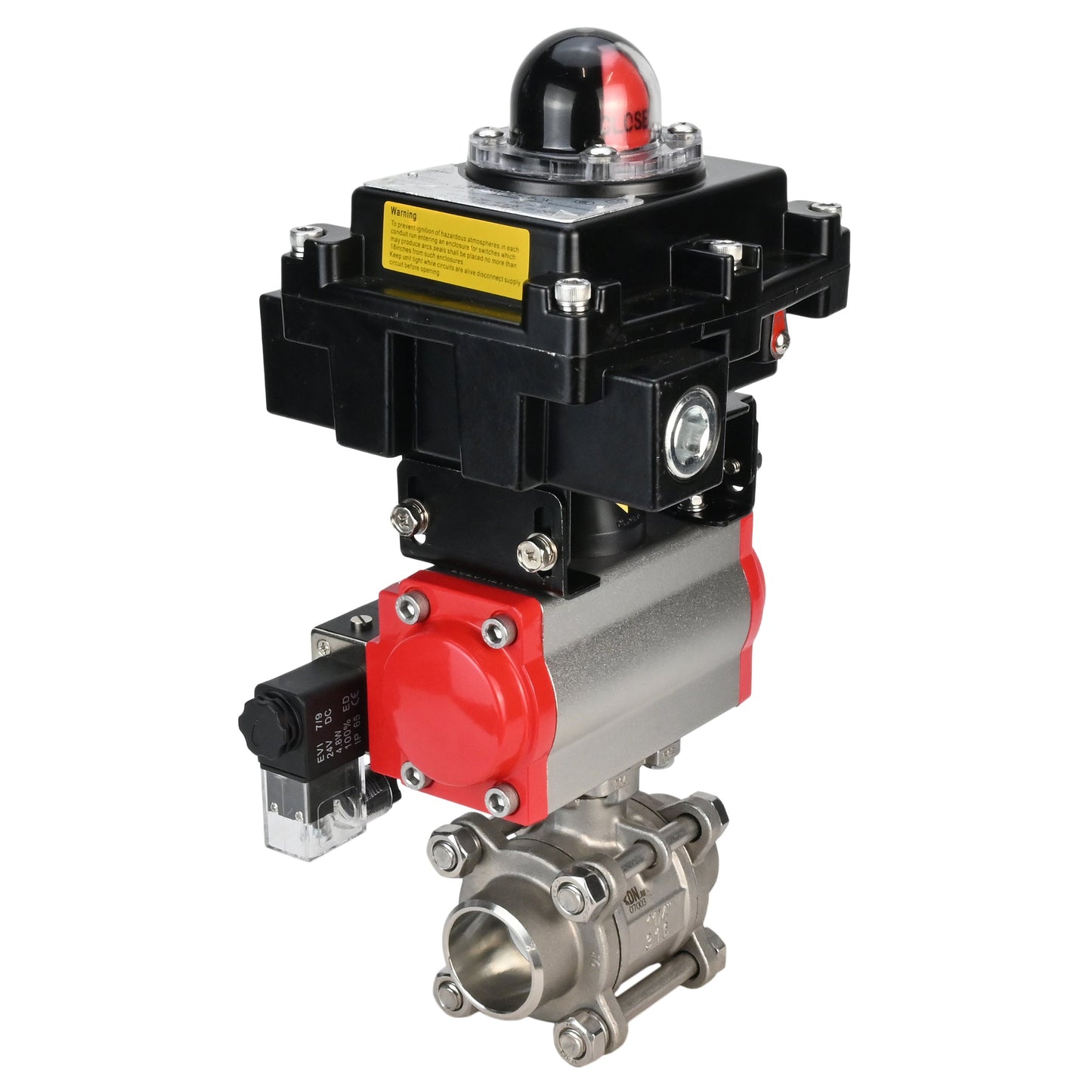 Stainless steel ball valve DNOVA BVPP 316.200-ISO PSI914 SS316 full port, for welding, body material - stainless steel, pneumatic actuator DNOVA DA, pneumatic distributor 4M310-08 220 V, limit switch block APL-410N EX