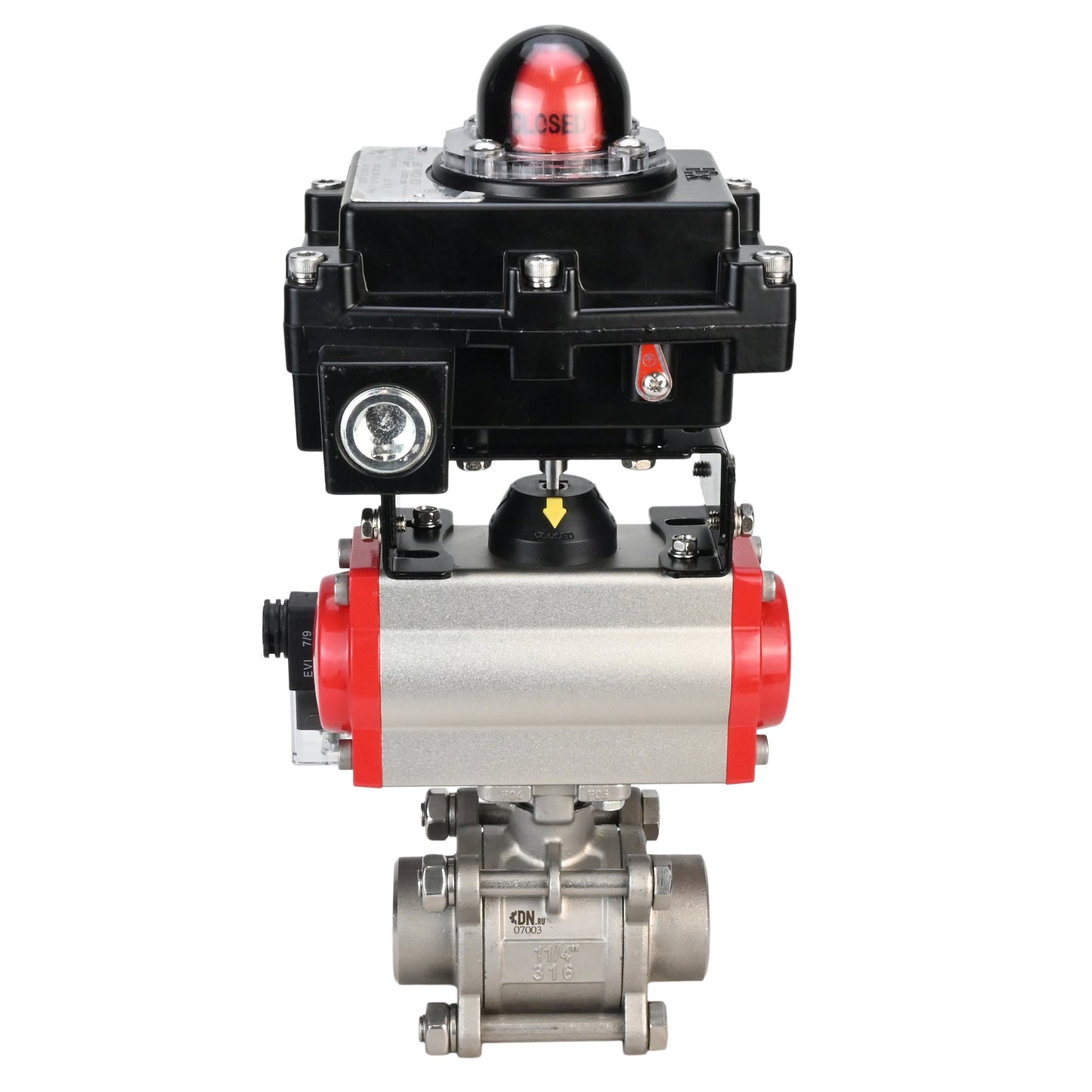Stainless steel ball valve DNOVA BVPP 316.200-ISO PSI914 SS316 full port, for welding, body material - stainless steel, pneumatic actuator DNOVA DA, pneumatic distributor 4M310-08 220 V, limit switch block APL-410N EX