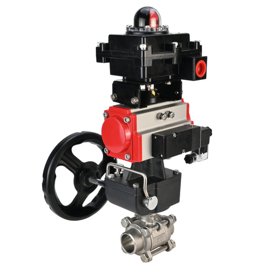 Stainless steel ball valve DNOVA BVPP 316.200-ISO PSI914 SS316 full port, for welding, body material - stainless steel, pneumatic actuator DNOVA DA, pneumatic distributor 4M310-08 24 V, limit switch block APL-410N EX, manual override HDM