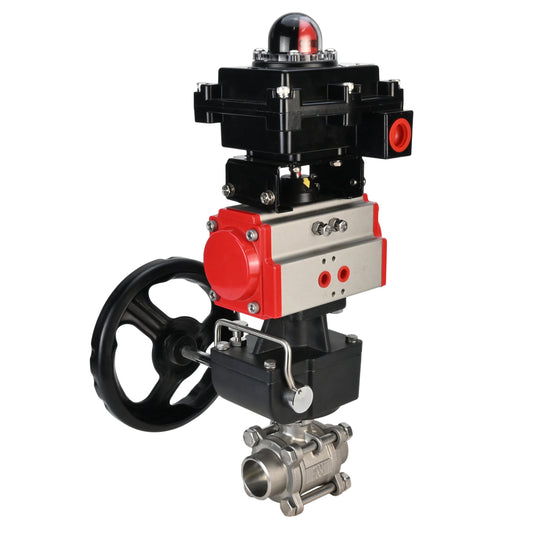 Válvula de bola de acero inoxidable DNOVA BVPP 316.200-ISO PSI914 SS316 paso completo, para soldar, material del cuerpo - acero inoxidable, actuador neumático DNOVA DA, bloque de interruptores de límite APL-410N EX, anulación manual HDM