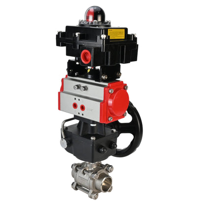 Válvula de bola de acero inoxidable DNOVA BVPP 316.200-ISO PSI914 SS316 paso completo, para soldar, material del cuerpo - acero inoxidable, actuador neumático DNOVA DA, bloque de interruptores de límite APL-410N EX, anulación manual HDM