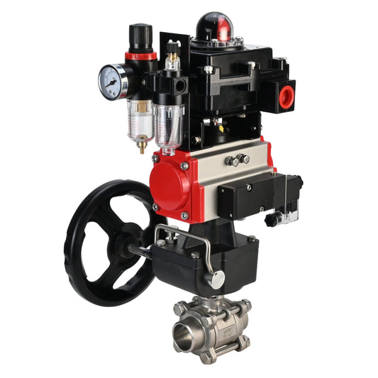 Stainless steel ball valve DNOVA BVPP 316.200-ISO PSI914 SS316 full port, for welding, body material - stainless steel, pneumatic actuator DNOVA DA, pneumatic distributor 4M310-08 24 V, limit switch block APL-410N EX, manual override HDM, air