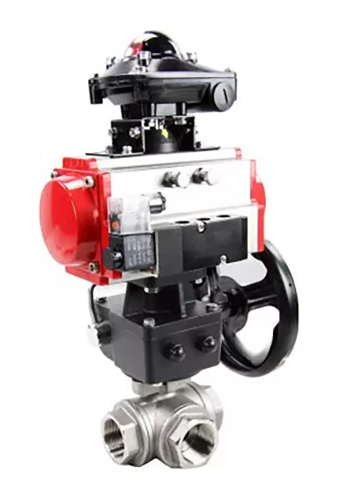 Ball valves DNOVA BV3232P-SP-3L-T 3-way L-type, threaded, standard bore, stainless steel body. steel SS316, seal - PTFE, with pneumatic drive DNOVA PA-DA 052-083 pneumatic distributor 4V320-10 gearbox MON BKV APL-510N-EX