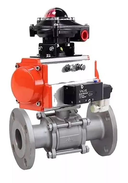 Ball valves DNOVA BV3131P(3pc)-FP-F-ISO-H flanged, full bore, three-piece, body - stainless steel SS304, seal - PTFE, with pneumatic actuator DNOVA PA-SA 065-160 pneumatic distributor 4V320- 08 joining DN8 BKV APL-510N