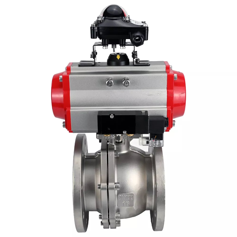Ball valves DNOVA BV3232P(2pc)-FP-F-ISO-H DN15-300 16 bar/16, full bore flanged, stainless steel SS316, seal - PTFE, with pneumatic actuator PA-SA with return springs, with pneumatic distributor 4V320-08 220V, with BKV APL-210N