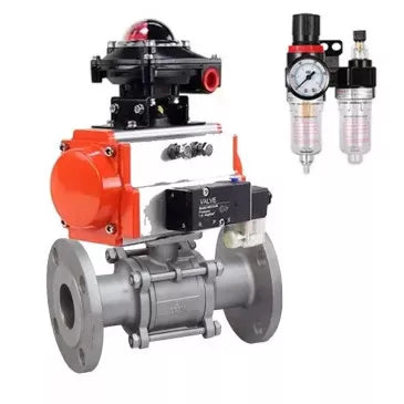 Ball valves DNOVA BV3131P(3pc)-FP-F-ISO-H 16 bar, three-piece full bore flanged, stainless steel SS304, PTFE, with pneumatic actuator PA-SA with return springs, with pneumatic distributor 4V320-10 220V, with BKV APL -410N EX, with BPV AFC2000