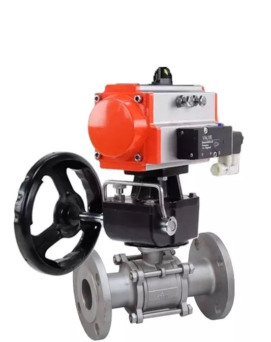 Ball valves DNOVA BV3232P(3pc)-FP-F-ISO-H 16 bar, three-piece full bore flanged, stainless steel SS304, seal - PTFE, with double-acting PA-DA pneumatic actuator, with pneumatic distributor 4V320-08 220V, with BKV APL-410N EX, with BPV AFC200