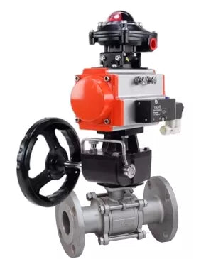 Ball valves DNOVA BV3131P(3pc)-FP-F-ISO-H DN15-40 16 bar, three-piece full bore flanged, stainless steel SS304, PTFE, with pneumatic drive PA-DA, with pneumatic distributor 4V320-08 220V, with BKV APL-410N EX , manual Doubler MON1-250-T26-ISO