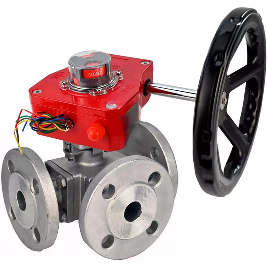 Ball valves DNOVA BV3232P(4pc)-FP-3WL-F-ISO-H full bore three-way, stainless steel SS316, flanged, seal - PTFE, with reducer DNOVA HGBF RQNx-xZ