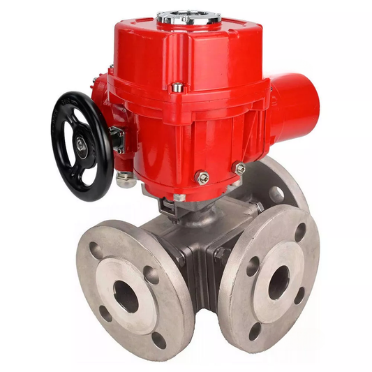 Ball valves DNOVA BV3232P(4pc)-FP-3WL-F-ISO-H full bore three-way, stainless steel SS316, flanged, seal - PTFE, with quarter-turn electric drive DNOVA QT-EX-M-O2-380VAC-U1 with torque couplings and steering wheel