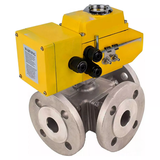 Ball valves DNOVA BV3232P(4pc)-FP-3WL-F-ISO-H full bore three-way, stainless steel SS316, flanged, seal - PTFE, with quarter-turn electric drive DNOVA QT-N-EM-A1-24VDC-U1