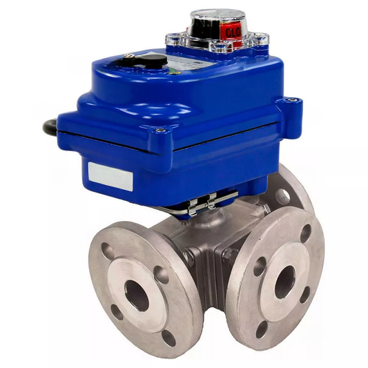 Ball valves DNOVA BV3232P(4pc)-FP-3WL-F-ISO-H full bore three-way, stainless steel SS316, flanged, seal - PTFE, with quarter-turn electric drive DNOVA QT-N-EM-O1-220VAC-U1 blue