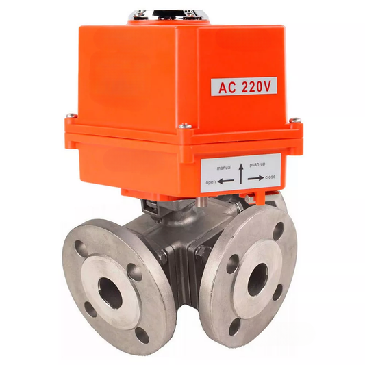 Ball valves DNOVA BV3232P(4pc)-FP-3WL-F-ISO-H full bore three-way, stainless steel SS316, flanged, seal - PTFE, with quarter-turn electric drive DNOVA QT-N-EM-B1-220VAC-U1
