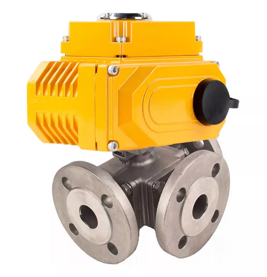 Ball valves DNOVA BV3232P(4pc)-FP-3WL-F-ISO-H full bore three-way, stainless steel SS316, flanged, seal - PTFE, with quarter-turn electric drive DNOVA QT-N-EM-O1-24VDC-U1