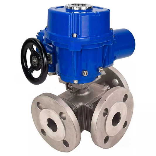 Ball valves DNOVA BV3232P(4pc)-FP-3WL-F-ISO-H full bore three-way, stainless steel SS316, flanged, seal - PTFE, with quarter-turn electric drive DNOVA QT-N-M-O2-220VAC-U1 with torque couplings and steering wheel