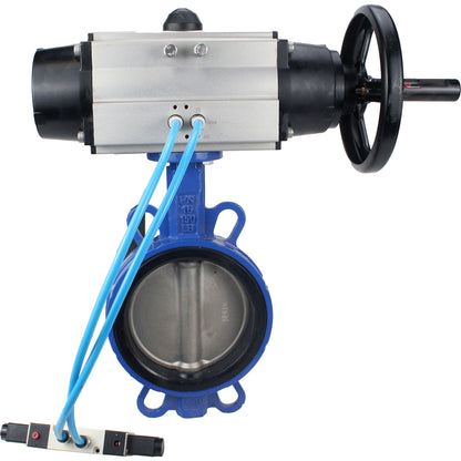 Water Butterfly Valve DNOVA WBV1132N-2W-Fb body material - Cast iron GG25/EN-GJL-250, disk material - Stainless steel AISI 316L/1.4404, seal - NBR with pneumatic actuator double acting PA-DA-105-1, pneumatic distributor 4V320-10 220V