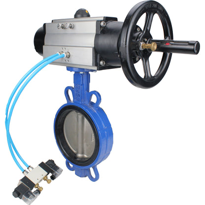 Water Butterfly Valve DNOVA WBV1132N-2W-Fb body material - Cast iron GG25/EN-GJL-250, disk material - Stainless steel AISI 316L/1.4404, seal - NBR with pneumatic actuator double acting PA-DA-105-1, pneumatic distributor 4V320-08 220V