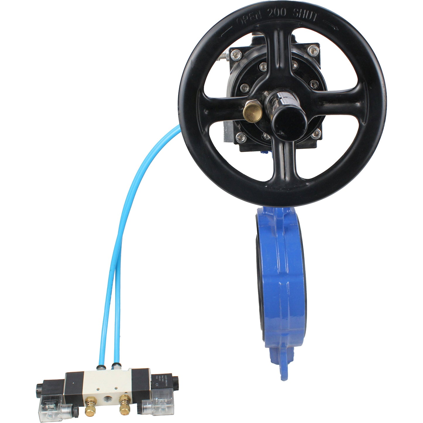 Water Butterfly Valve DNOVA WBV1132N-2W-Fb body material - Cast iron GG25/EN-GJL-250, disk material - Stainless steel AISI 316L/1.4404, seal - NBR with pneumatic actuator double acting PA-DA-105-1, pneumatic distributor 4V320-08 220V