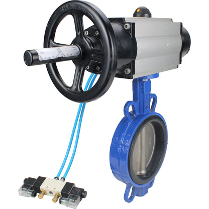 Water Butterfly Valve DNOVA WBV1132N-2W-Fb body material - Cast iron GG25/EN-GJL-250, disk material - Stainless steel AISI 316L/1.4404, seal - NBR with pneumatic actuator double acting PA-DA-105-1, pneumatic distributor 4V320-08 220V