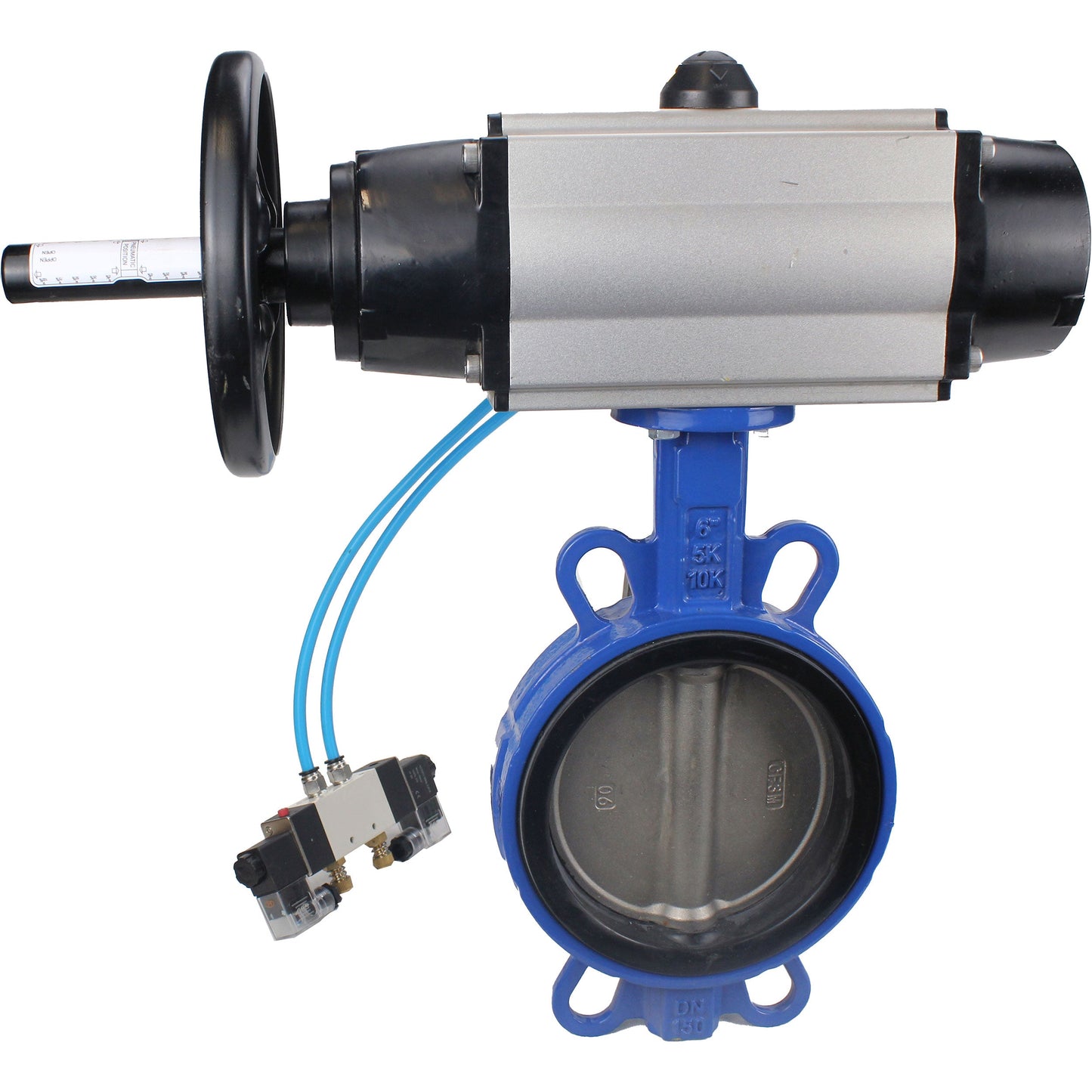 Water Butterfly Valve DNOVA WBV1132N-2W-Fb body material - Cast iron GG25/EN-GJL-250, disk material - Stainless steel AISI 316L/1.4404, seal - NBR with pneumatic actuator double acting PA-DA-105-1, pneumatic distributor 4V320-08 220V