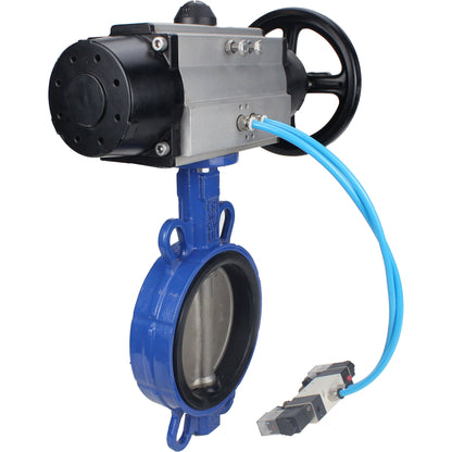 Water Butterfly Valve DNOVA WBV1132N-2W-Fb body material - Cast iron GG25/EN-GJL-250, disk material - Stainless steel AISI 316L/1.4404, seal - NBR with pneumatic actuator double acting PA-DA-105-1, pneumatic distributor 4V320-08 220V