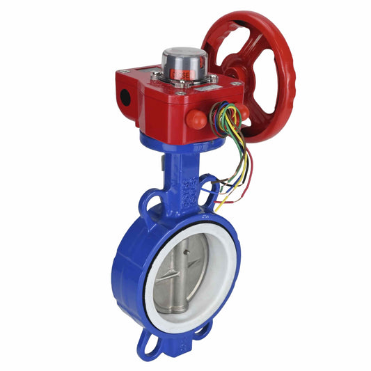 Válvula de mariposa de agua DNOVA WCB-316L-PTFE-HGBF, material del cuerpo - acero al carbono WCB, material del disco - acero inoxidable AISI 316L, sello - PTFE, operada por engranajes