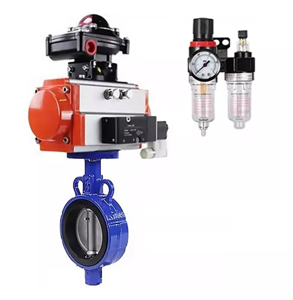 Water Butterfly Valve DNOVA WBV0232E-2W-Fb-H, body material - aluminum alloy, disk material - stainless steel AISI 316L, seal - EPDM, with pneumatic actuator double action PA-DA-065, 4V320-08 220V, LSU APL-510N-EX, ATU AFC2000